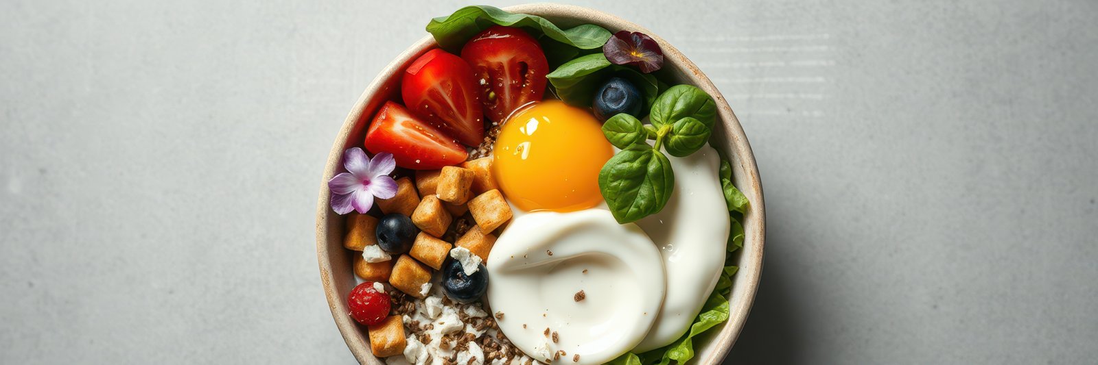 Colorful healthy salad bowl with fresh vegetables, fruits, and a creamy dressing displayed on a light surface